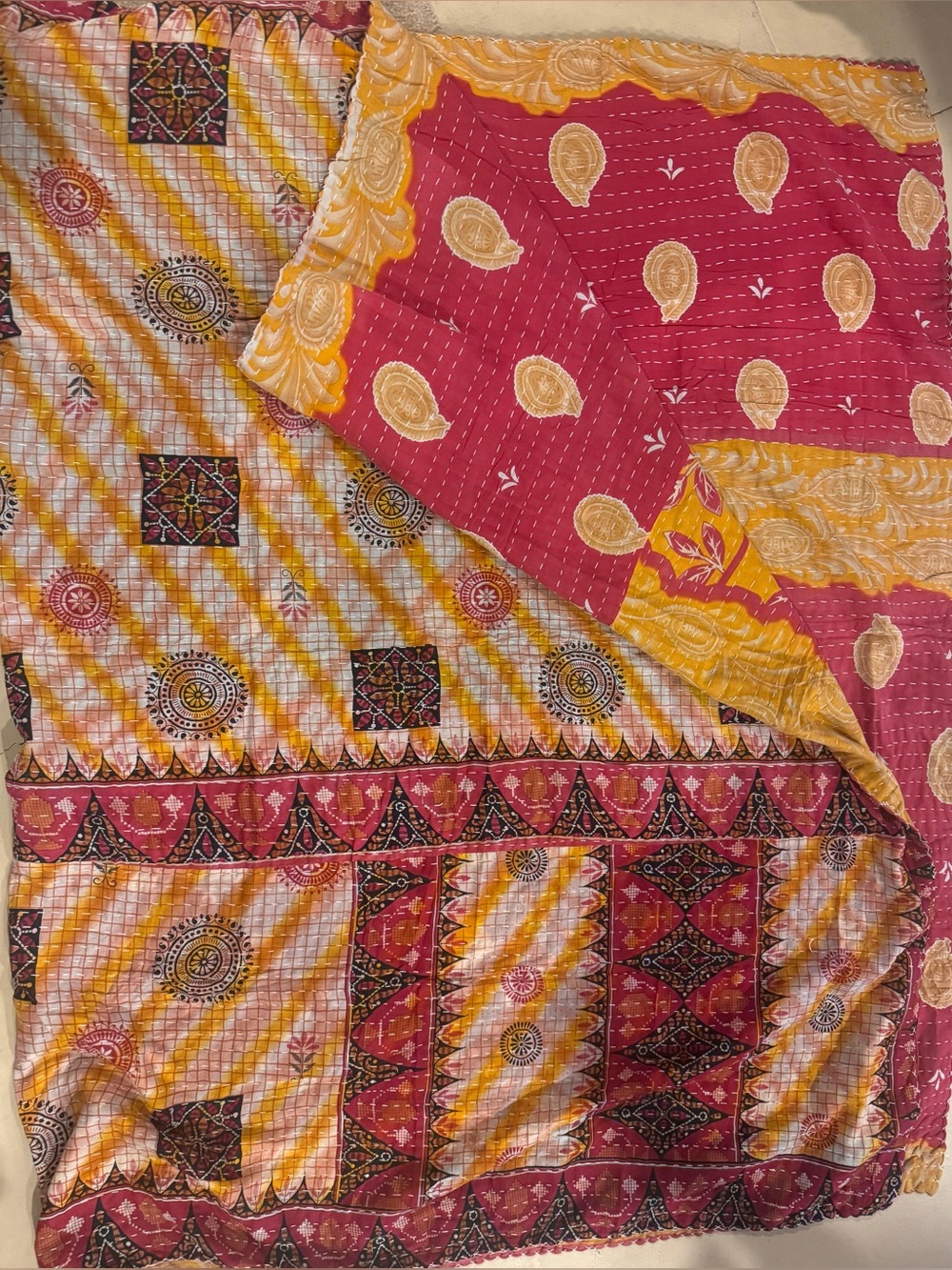 KAnTHA Printed Cotton Bedspread/Throw- Lightweight- gold,pink,orange Vintage